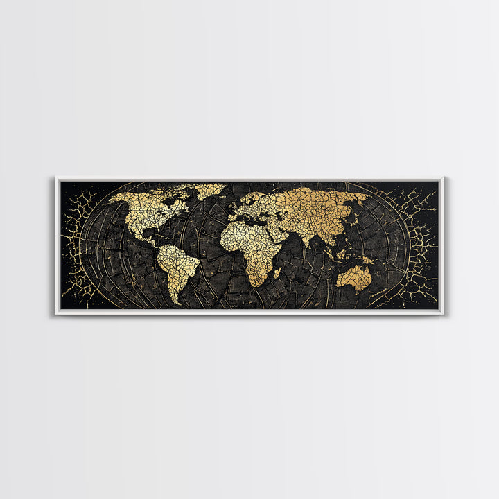 Gold Cracked World Map On Black Canvas Print, African Travel Wall Art, Luxury Home Decor, Modern Office Decor, Gift For Him