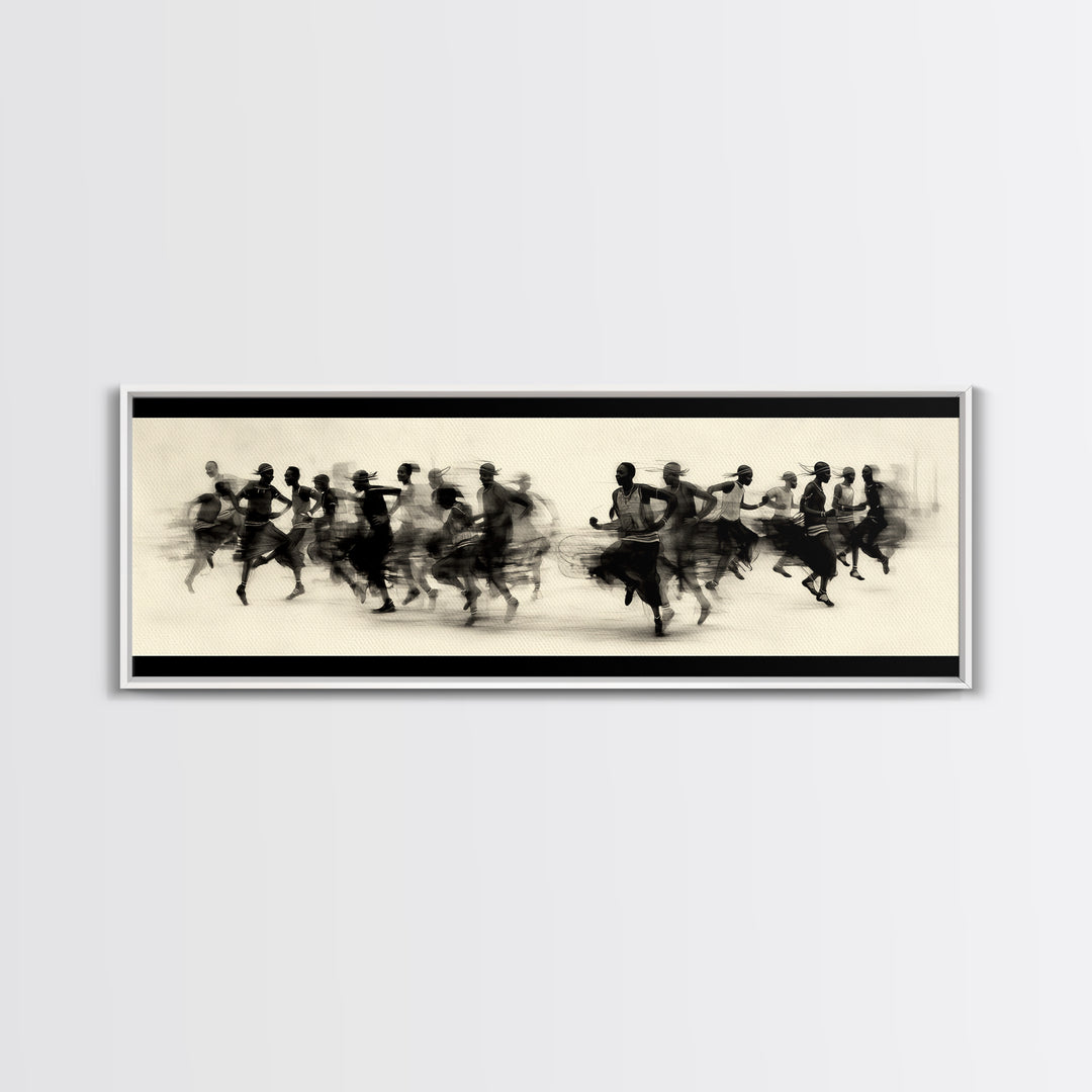 Panoramic Black Runners In Motion Wall Art, African Dance Art Print, Minimalist Charcoal Canvas Print, Modern Home Decor