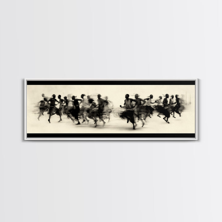 Panoramic Black Runners In Motion Wall Art, African Dance Art Print, Minimalist Charcoal Canvas Print, Modern Home Decor