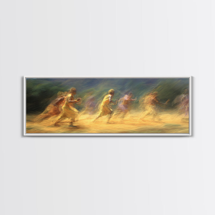 Sunlit Impressionist Runners Across Landscape Wall Art, African Inspired Canvas Print, Dreamy Nature Scene Art, Large Decor Art