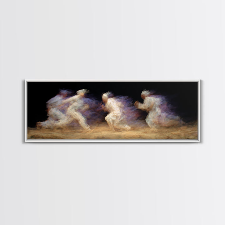 Ghostly African Runners In Sand And Violet Motion Canvas Print, Abstract Black Art, Athletic Dance Decor, Modern Wall Decor