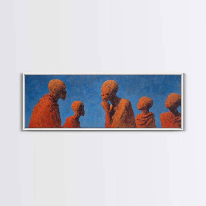 Terracotta African Figures Sharing Stories On Blue Wall Art, Tribal Family Decor, Cultural Portrait Print, Warm Minimalist Art