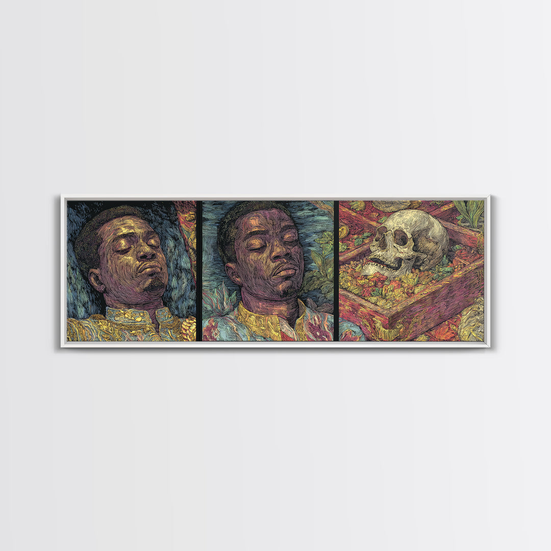Triptych African Man Portrait With Skull Still Life Canvas Print, Contemporary Black Art, Cultural Wall Decor, Gallery Art