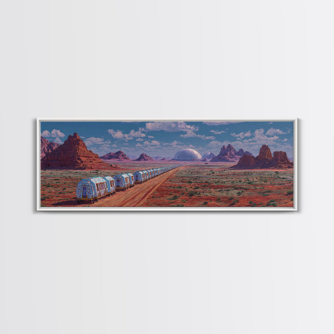 Futuristic Desert Train Crossing Red Plains Canvas Print, African Landscape Wall Art, Modern Canvas Art, Large Home Decor