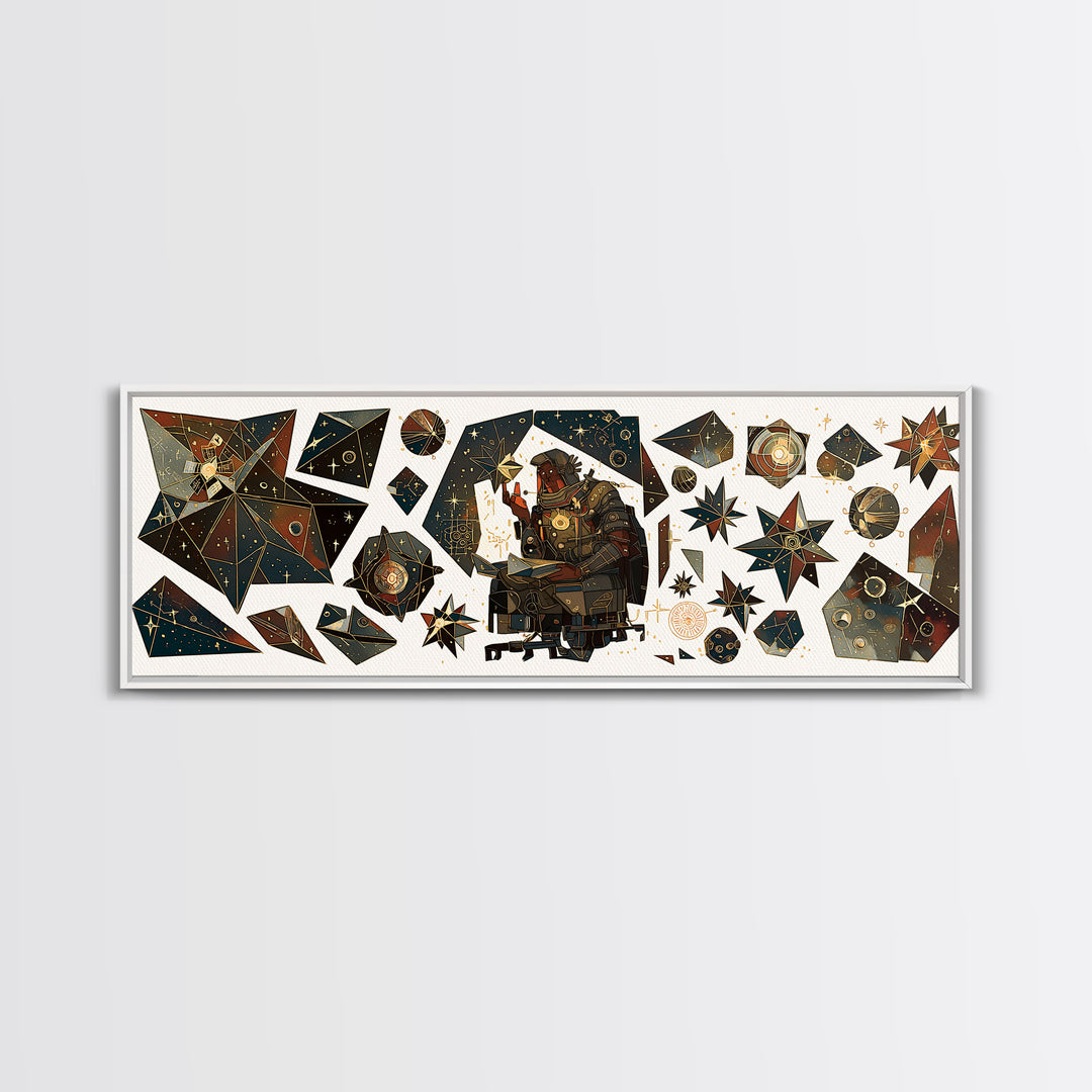 Celestial African Scholar Wall Art, Geometric Stars And Astronomy Decor, Afrocentric Canvas Print For Office Or Study Room