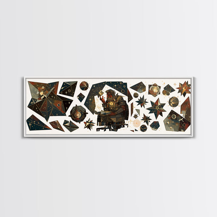 Celestial African Scholar Wall Art, Geometric Stars And Astronomy Decor, Afrocentric Canvas Print For Office Or Study Room