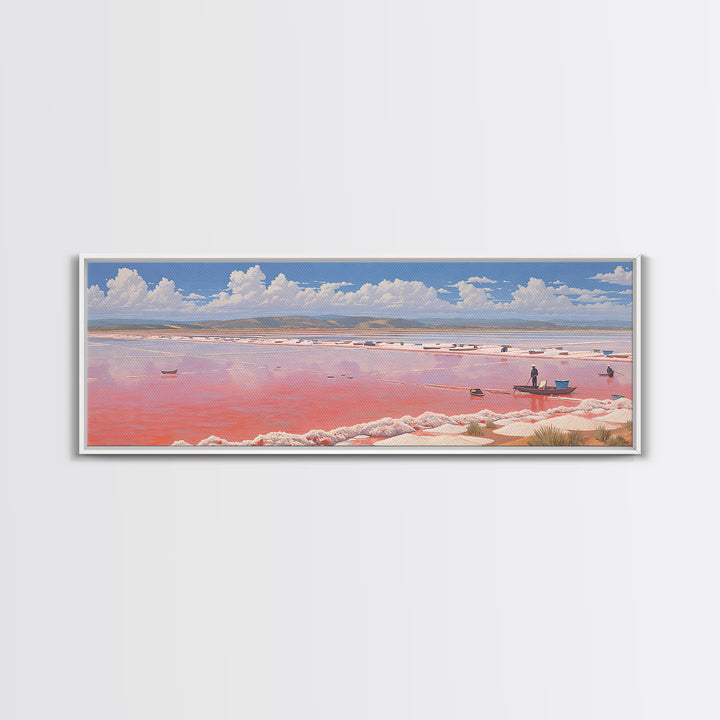 Pink Salt Lake Boats Wall Art, Pastel African Landscape, Coastal Travel Poster, Serene Canvas Decor For Living Room Gift