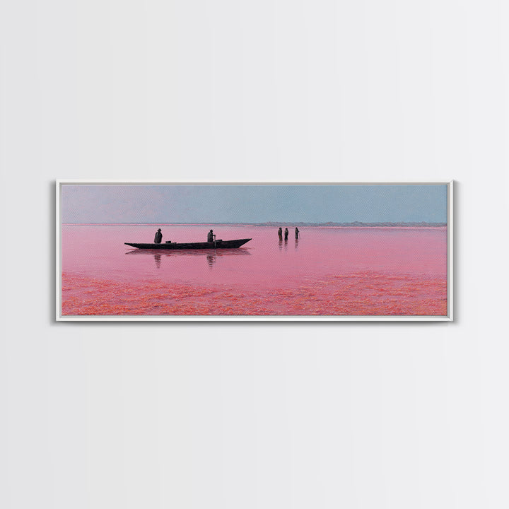 Minimal Pink Lake Boat Wall Art, African Seascape Print, Black Silhouette Decor, Calm Pastel Landscape For Bedroom Wall Decor