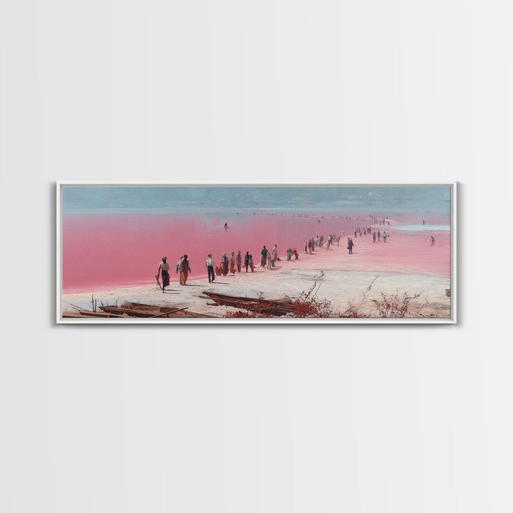 Pink Salt Flats Procession Wall Art, African Lake Landscape, Coastal Travel Poster, Pastel Canvas Decor For Living Room Gift