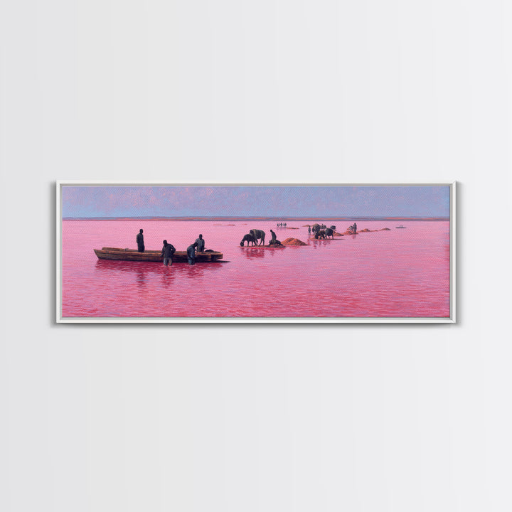 Pink Lake Salt Harvest Canvas Print, African Boats And Cattle Landscape, Coastal Wall Decor, Unique Living Room Art Gift
