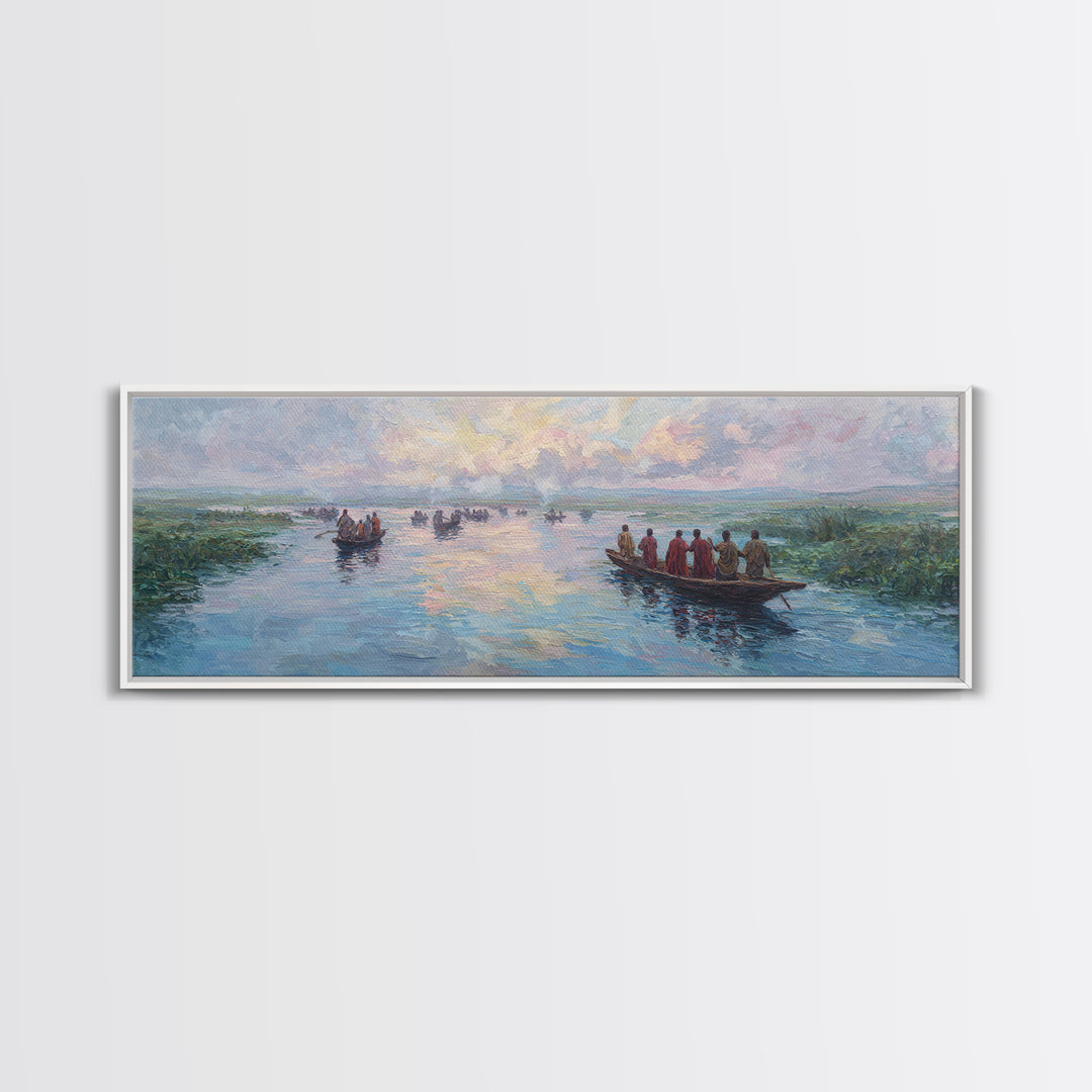 Pastel River Boats At Sunset Wall Art, African Landscape Canvas Print, Serene Safari Decor, Coastal Living Room Gift For Home