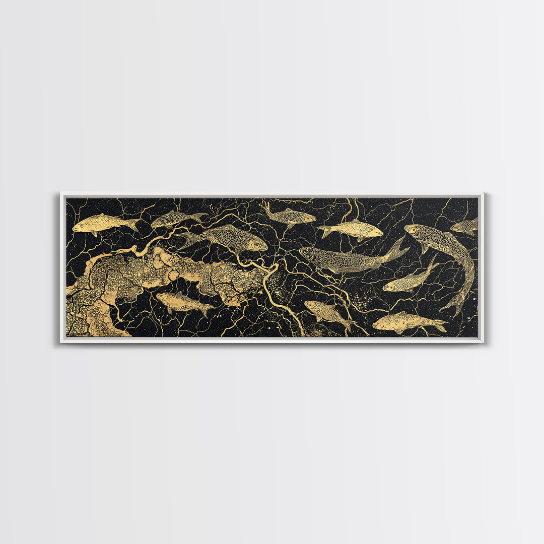 Gold Koi Fish And Cracked Map Wall Art, Black And Gold Canvas Print, African Inspired Decor, Luxury Statement Home Art Gift