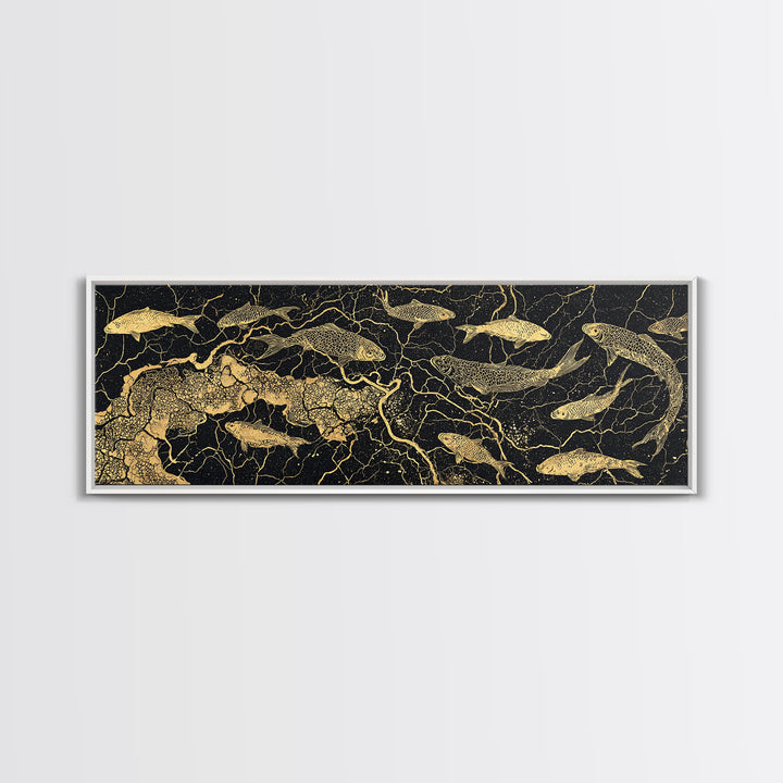 Gold Koi Fish And Cracked Map Wall Art, Black And Gold Canvas Print, African Inspired Decor, Luxury Statement Home Art Gift