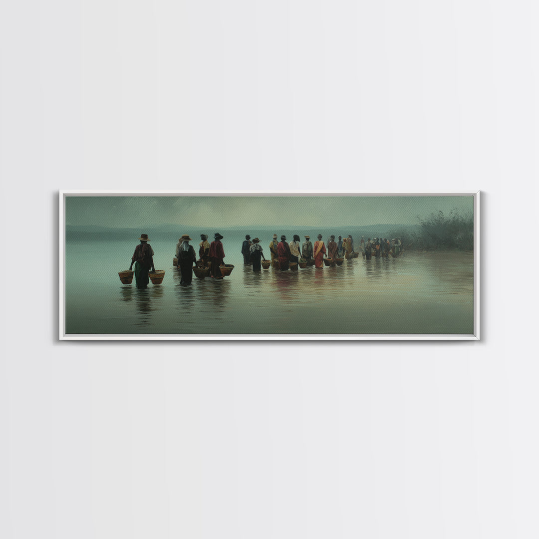 Misty African Fishermen Procession Wall Art, Panoramic Lake Landscape, Cultural African Decor, Serene Safari Home Decor Gift
