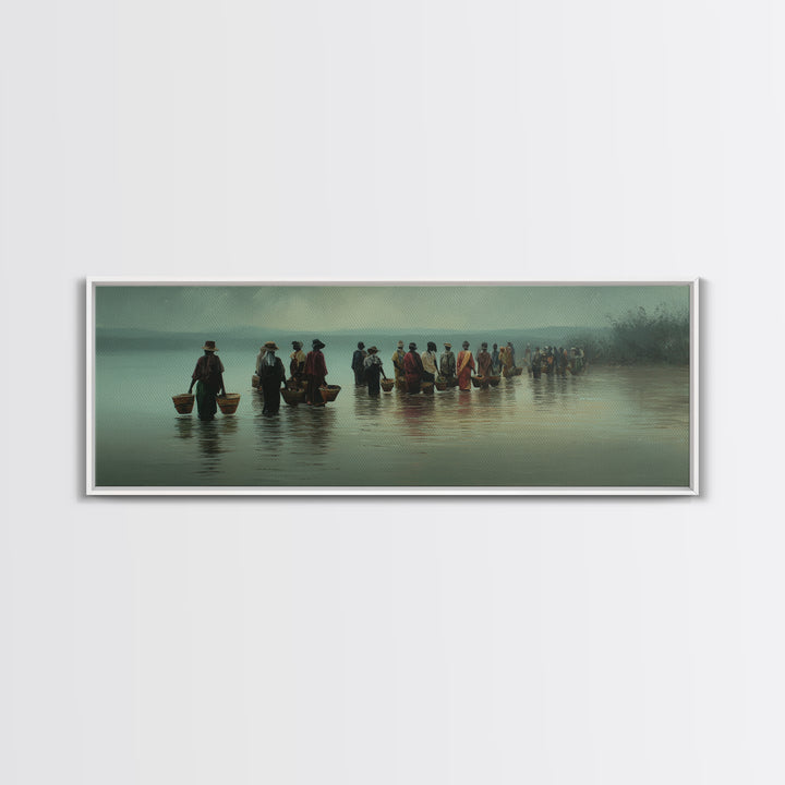 Misty African Fishermen Procession Wall Art, Panoramic Lake Landscape, Cultural African Decor, Serene Safari Home Decor Gift