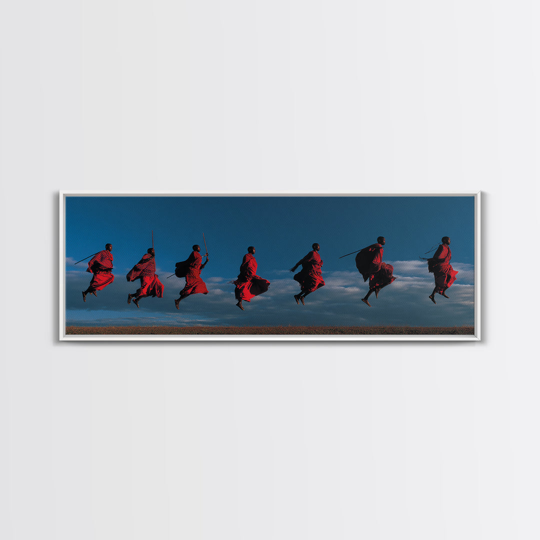 Red Maasai Warriors Leaping With Spears Wall Art, Panoramic African Tribal Art, Safari Decor, Bold Cultural Home Decor Gift