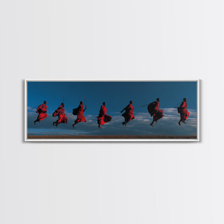 Red Maasai Warriors Leaping With Spears Wall Art, Panoramic African Tribal Art, Safari Decor, Bold Cultural Home Decor Gift