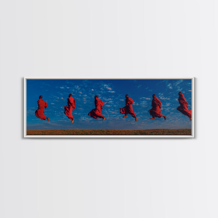 Floating Red Maasai Dancers Framed Canvas Print, African Wall Art, Tribal Safari Decor, Vibrant Cultural Living Room Art