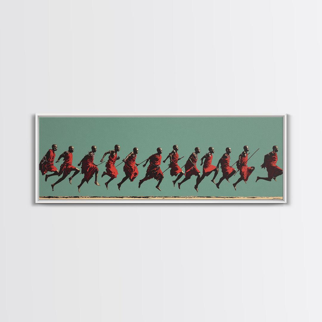 Dynamic Maasai Warriors Running Wall Art, African Warrior Art, Tribal Culture Canvas, Panoramic Safari Home Decor Art Gift