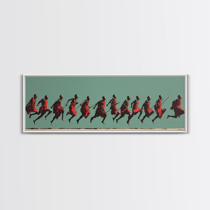 Dynamic Maasai Warriors Running Wall Art, African Warrior Art, Tribal Culture Canvas, Panoramic Safari Home Decor Art Gift