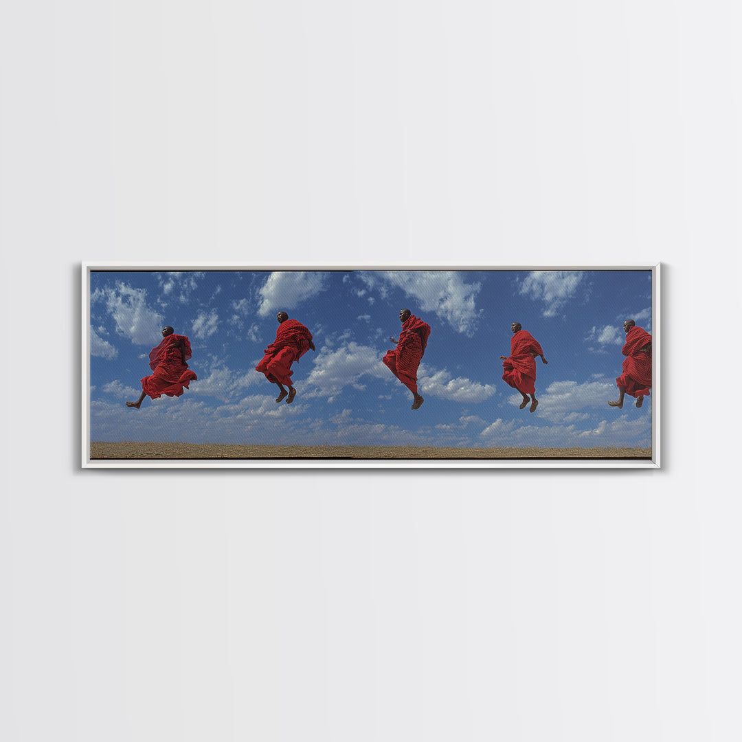 Airborne Maasai Dancers Under Clouds Canvas Print, African Wall Art, Red Tribal Safari Decor, Cultural Statement Gift For Home