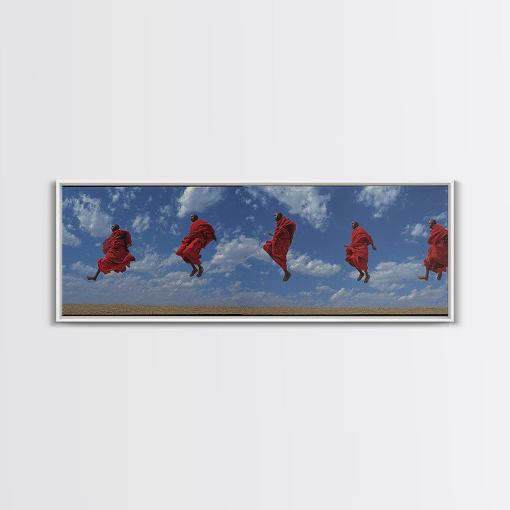 Airborne Maasai Dancers Under Clouds Canvas Print, African Wall Art, Red Tribal Safari Decor, Cultural Statement Gift For Home