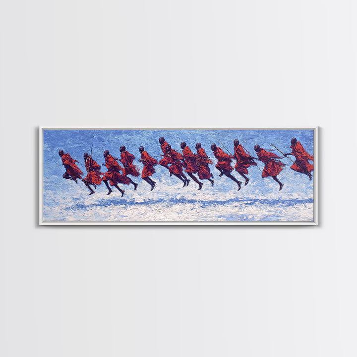 Blue Textured Maasai Warriors Running Wall Art, Abstract African Art, Tribal Safari Decor, Vibrant Panoramic Canvas Print
