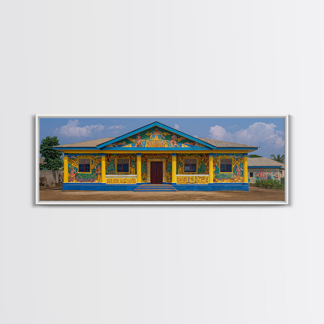 Painted African House Canvas Print, Bright Blue Yellow Facade, Folk Architecture Photography, Cultural Wall Decor Gift Print