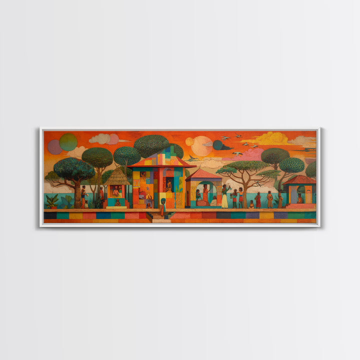 Modern African Village Framed Canvas Print, Sunset Trees And Colorful Homes, Afrocentric Landscape Decor, Cultural Wall Art