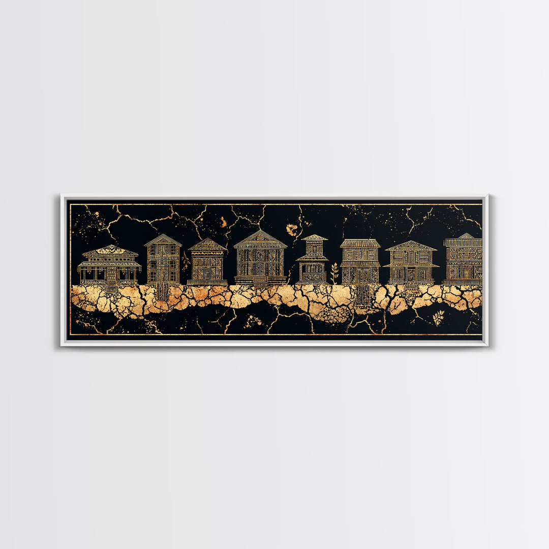 Gold African Village Wall Art, Black Crackle Line Houses, Tribal Architecture Print, Luxury Afrocentric Statement Decor Gift