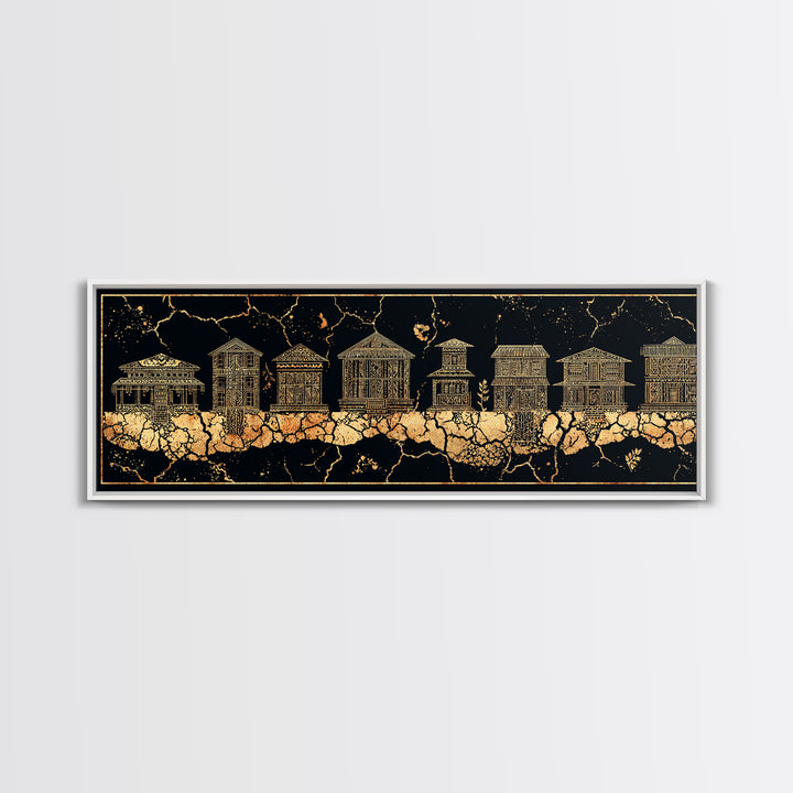 Gold African Village Wall Art, Black Crackle Line Houses, Tribal Architecture Print, Luxury Afrocentric Statement Decor Gift