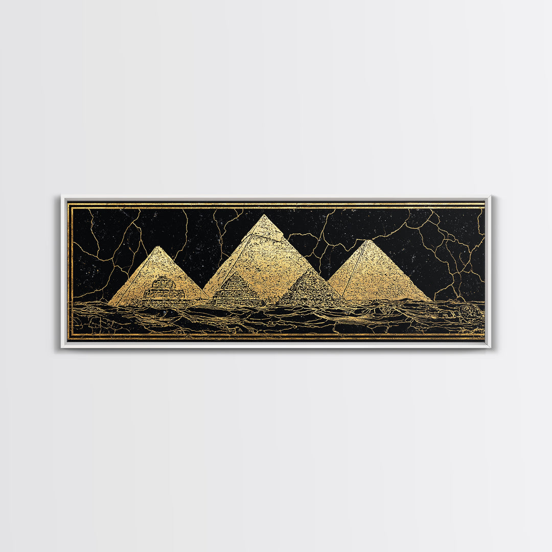 Gold Egyptian Pyramids On Black Wall Art, African Egyptian Art Canvas Print, Ancient Africa Decor, Luxury Abstract Poster