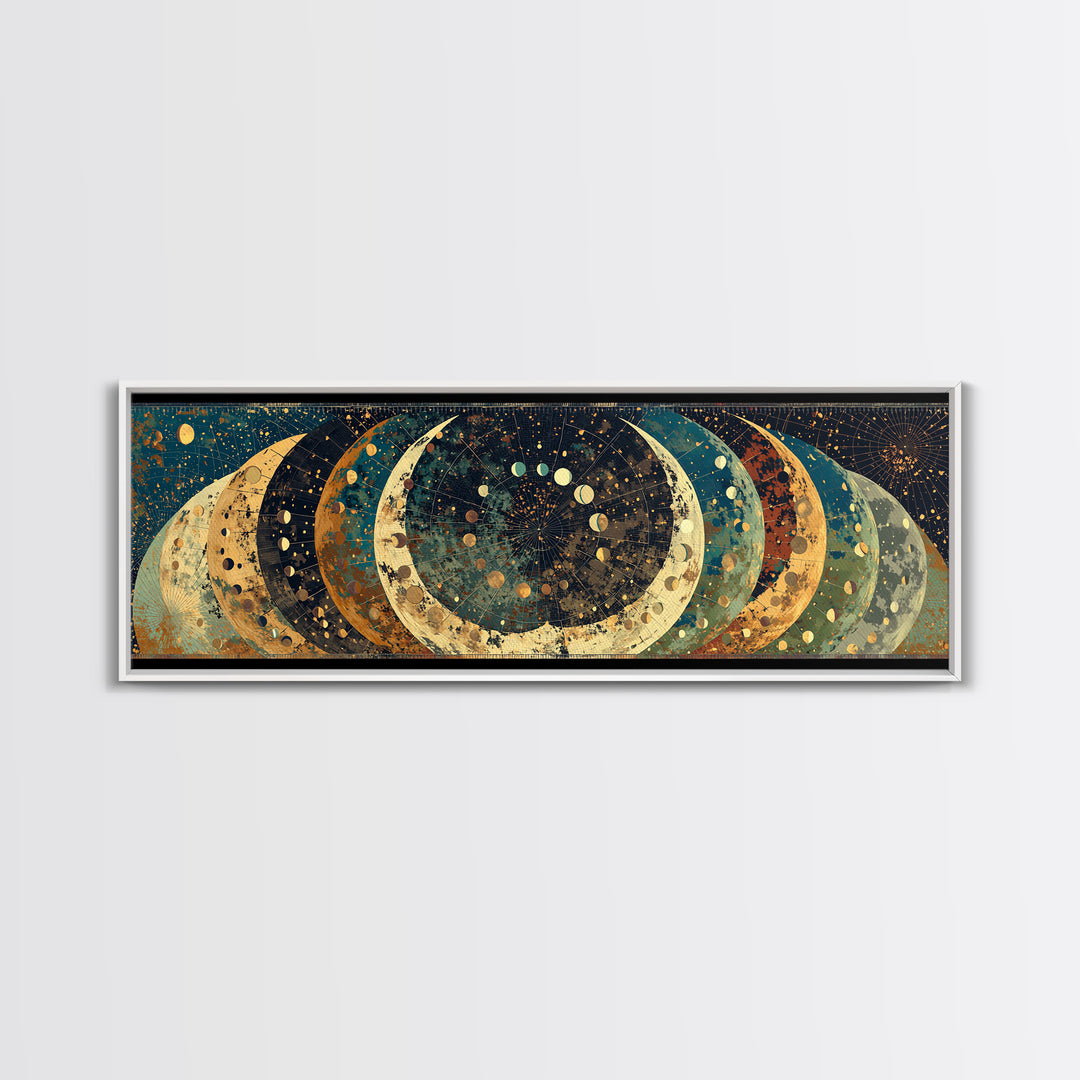 Layered Crescent Moon Abstract Wall Art, Mystical Wall Art, Boho African Inspired Canvas Print, Teal Gold Home Decor Gift
