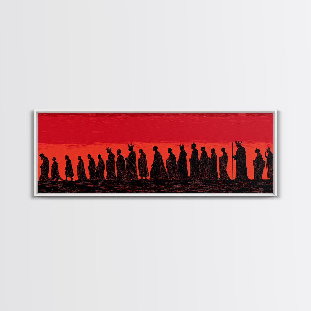 Red Sunset African Procession Wall Art, Tribal Silhouette Landscape, Panoramic Black Culture Home Decor For Living Room Gift