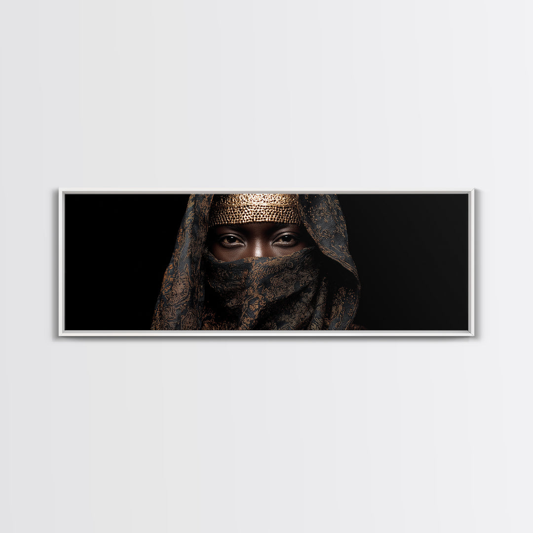 Veiled African Queen Canvas Print, Black Woman Portrait, Gold Jewelry Canvas, Afrocentric Wall Decor, Elegant Home Art Gift