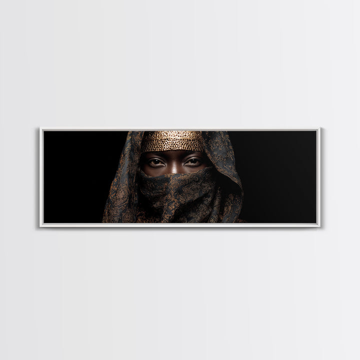 Veiled African Queen Canvas Print, Black Woman Portrait, Gold Jewelry Canvas, Afrocentric Wall Decor, Elegant Home Art Gift