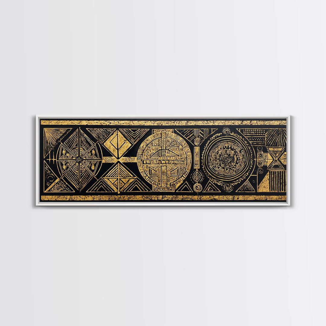 Black Gold Tribal Geometry Wall Art, African Patterns Painting, Kuba Inspired Textile Art, Luxury Canvas Decor For Home Gift