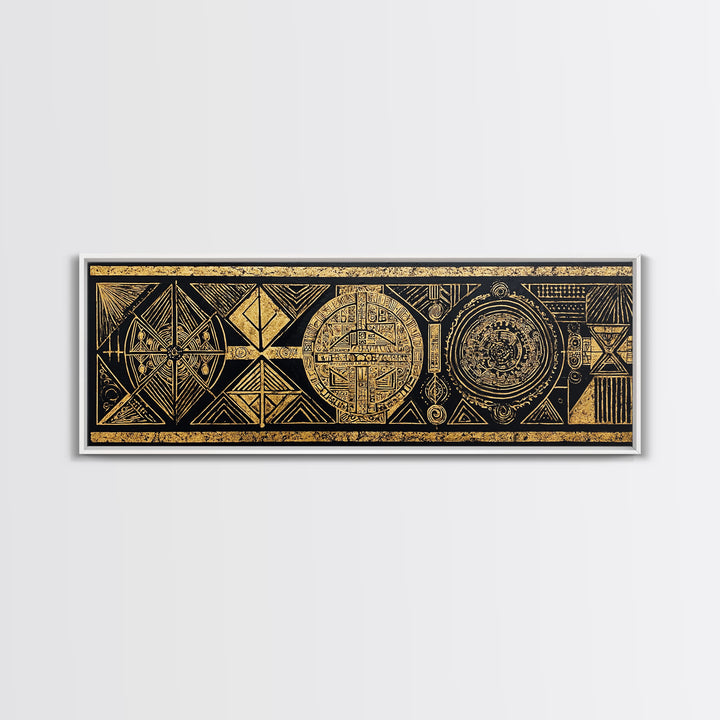 Black Gold Tribal Geometry Wall Art, African Patterns Painting, Kuba Inspired Textile Art, Luxury Canvas Decor For Home Gift
