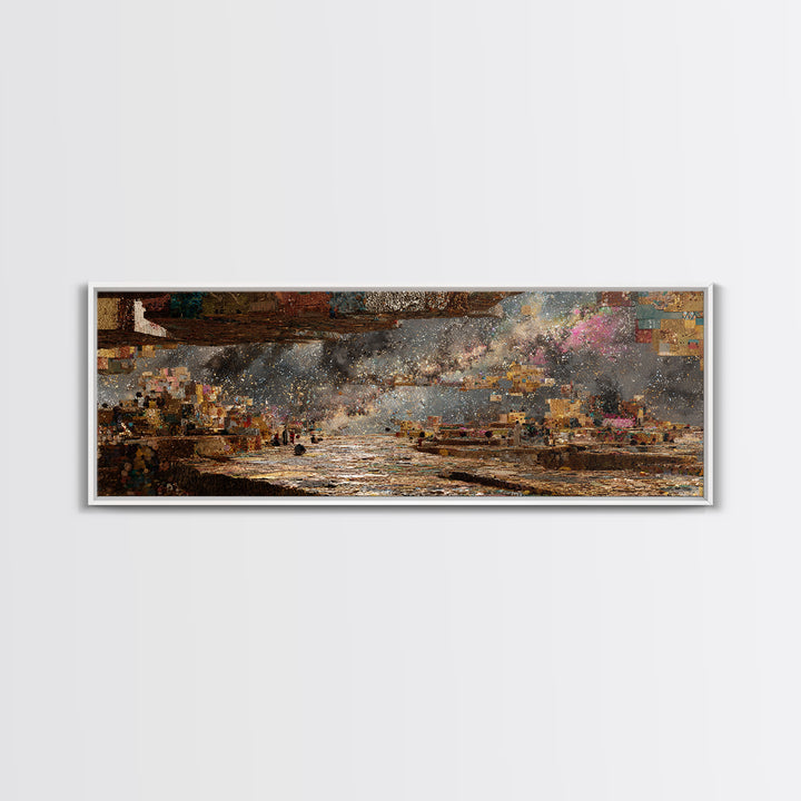 Starlit African Harbor Wall Art, Dreamy Landscape Painting, Abstract City Lights, Textured Art Print For Living Room Decor