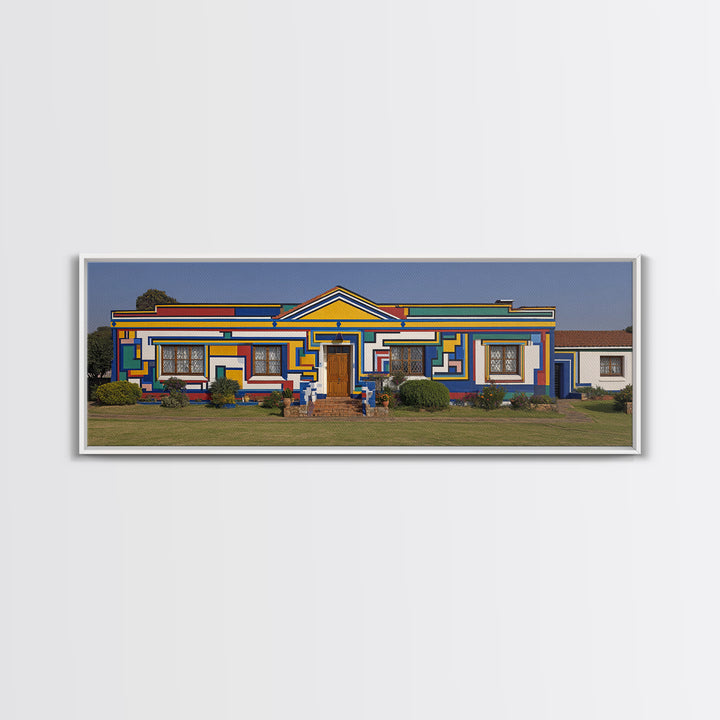 Bright Ndebele House Canvas Print, South African Art Decor, Geometric Pattern Facade, Cultural Wall Decor For Living Room