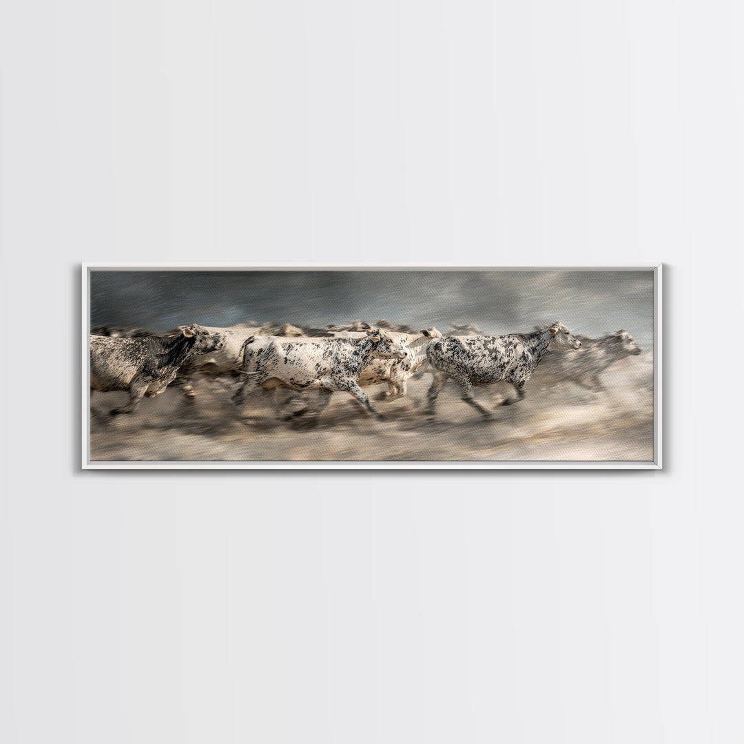 Running Speckled Cattle Wall Art, African Safari Art Print, Neutral Farmhouse Decor, Dramatic Animal Canvas For Home Decor