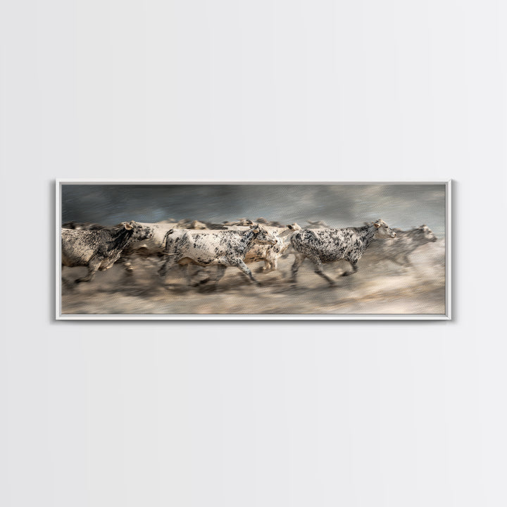 Running Speckled Cattle Wall Art, African Safari Art Print, Neutral Farmhouse Decor, Dramatic Animal Canvas For Home Decor