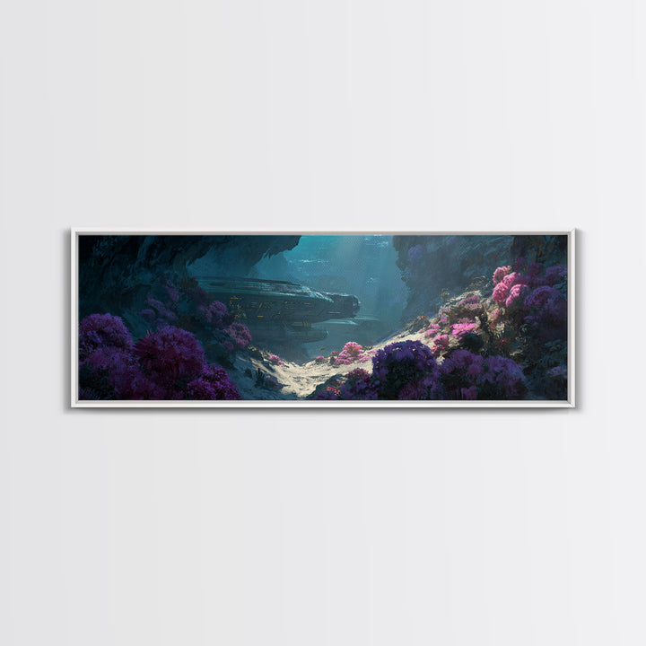Sunlit Alien Cave Landscape Wall Art, Dreamy Floral Digital Art, Sci Fi Nature Scene, Unique Canvas Print For Modern Decor