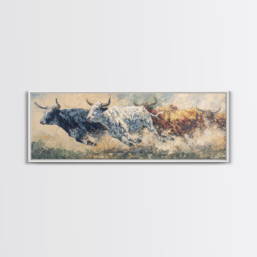 Three Running Bulls Framed Canvas Print, Textured Animal Painting, Rustic Safari Wall Art, Earth Tone Decor For Living Room