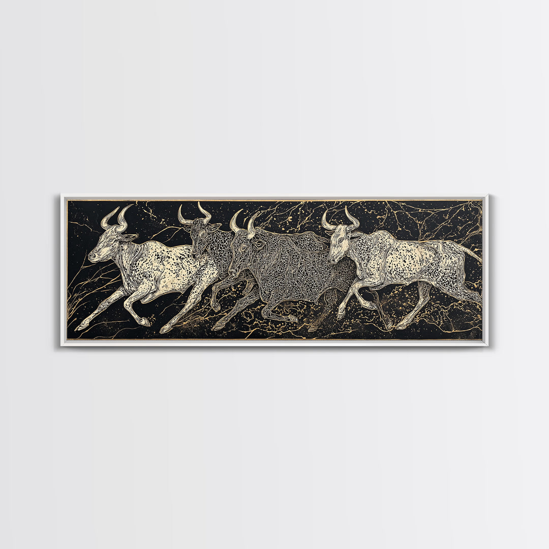 Black And Gold Longhorn Cattle Wall Art, Tribal Animal Print, Rustic Western Decor, Bold Textured Canvas Print For Home Decor