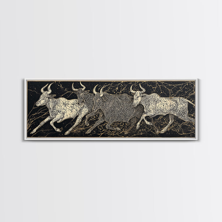 Black And Gold Longhorn Cattle Wall Art, Tribal Animal Print, Rustic Western Decor, Bold Textured Canvas Print For Home Decor