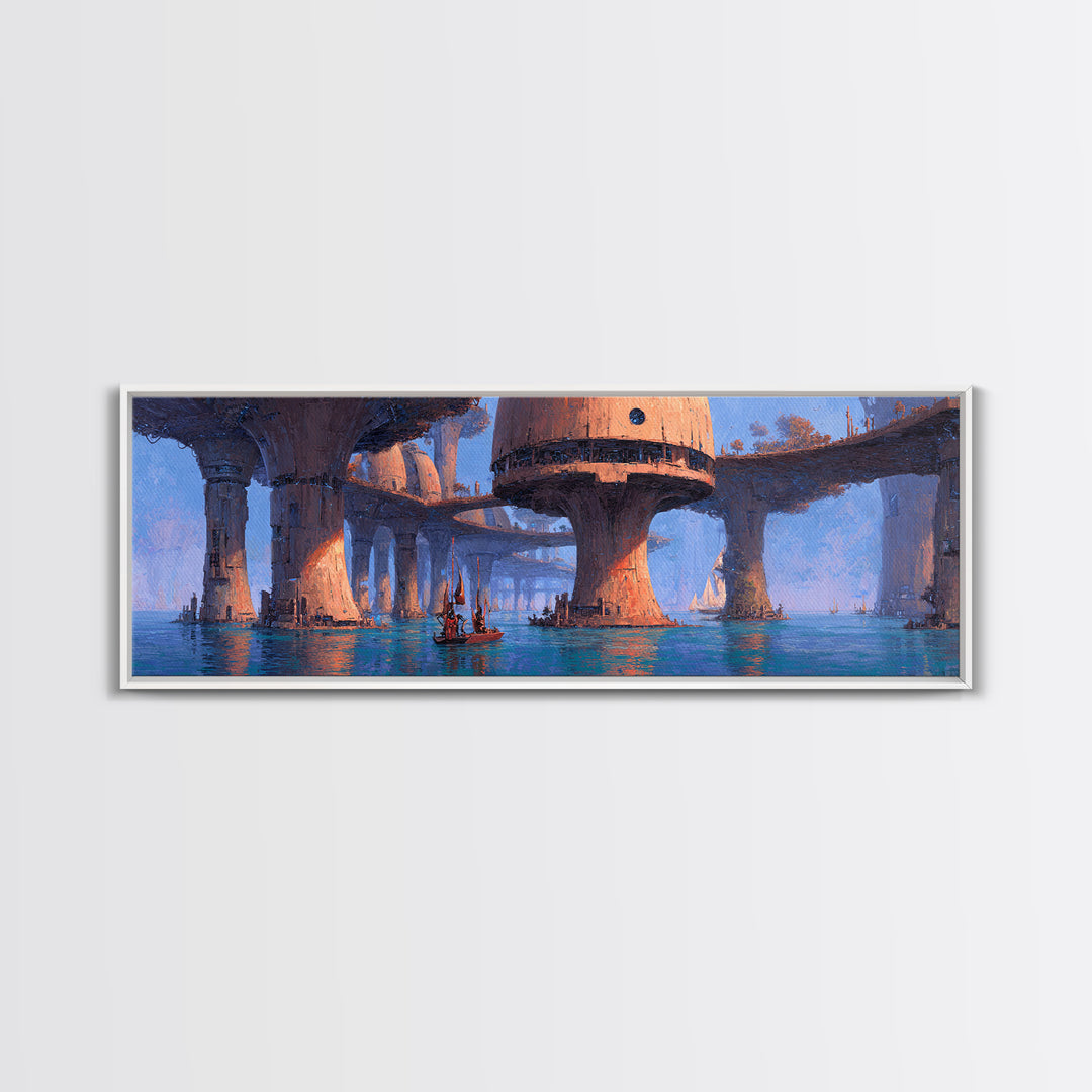Futuristic Harbor City Canvas Print, Blue Wall Art, Modern Canvas Art, Large Wall Art, Fantasy Landscape Decor, Office Decor