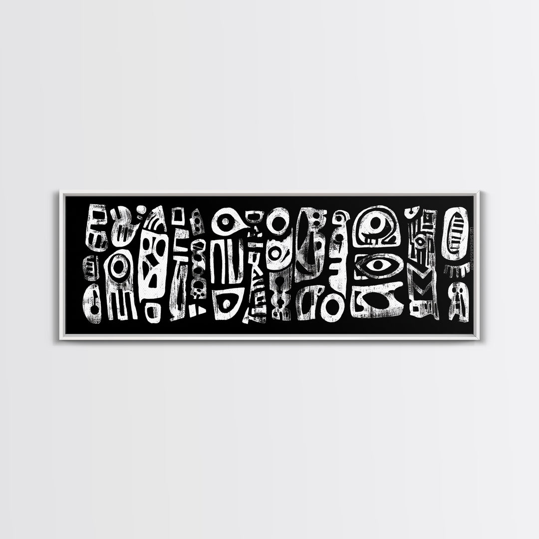 White Abstract African Mask Symbols Canvas Print, Black Tribal Pattern Wall Decor, Afrocentric Modern Art, Ethnic Art Print