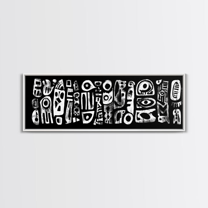 White Abstract African Mask Symbols Canvas Print, Black Tribal Pattern Wall Decor, Afrocentric Modern Art, Ethnic Art Print