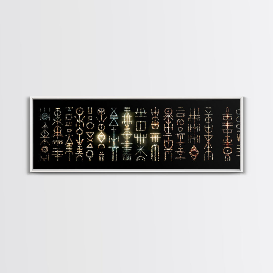 Illuminated African Tribal Icons Wall Art, Gold And Teal Symbol Pattern, Afrocentric Decor, Modern Cultural Art Print Gift